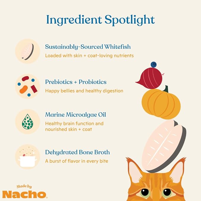 Made by Nacho Bone Broth Infused Dry Cat Kibble - Skin and Coat Support, Sustainably Caught Whitefish and Pumpkin - Premium Grain-Friendly Cat Food 4lb Bag, Limited Ingredients