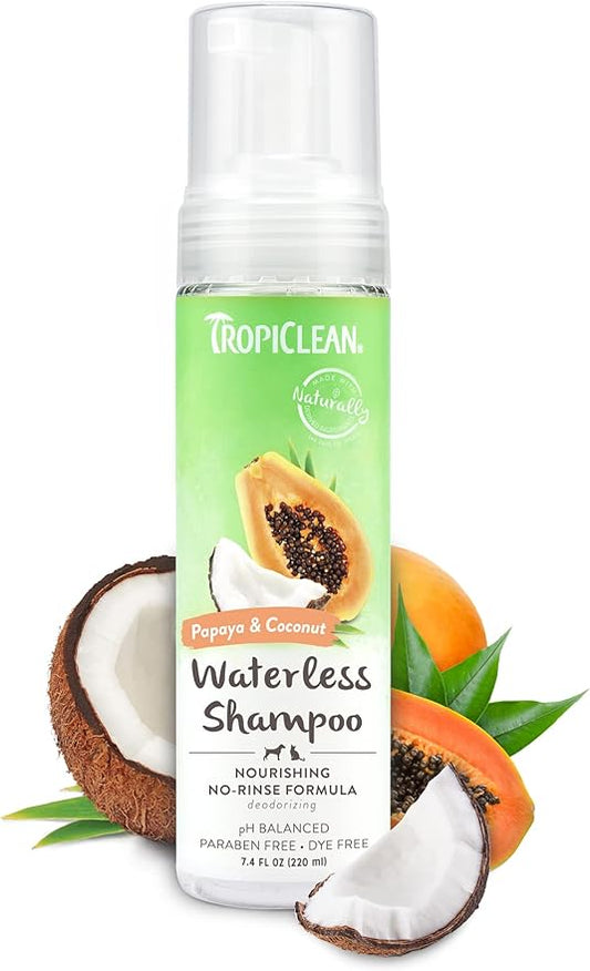 TropiClean Papaya Coconut Waterless Dog Shampoo | Nourishing Dry Shampoo for Dogs | Natural Dog Shampoo Derived from Natural Ingredients | Cat Friendly | Made in The USA | 7.4 oz.