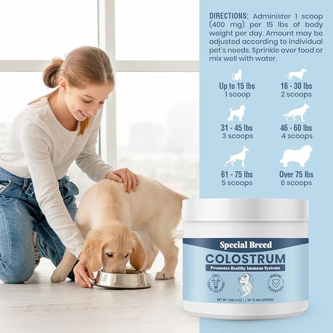 Bovine Colostrum for Dogs and Cats, Immune Support Supplement for Allergy and Itch Relief, Grass Fed Colostrum Powder (120 Grams)