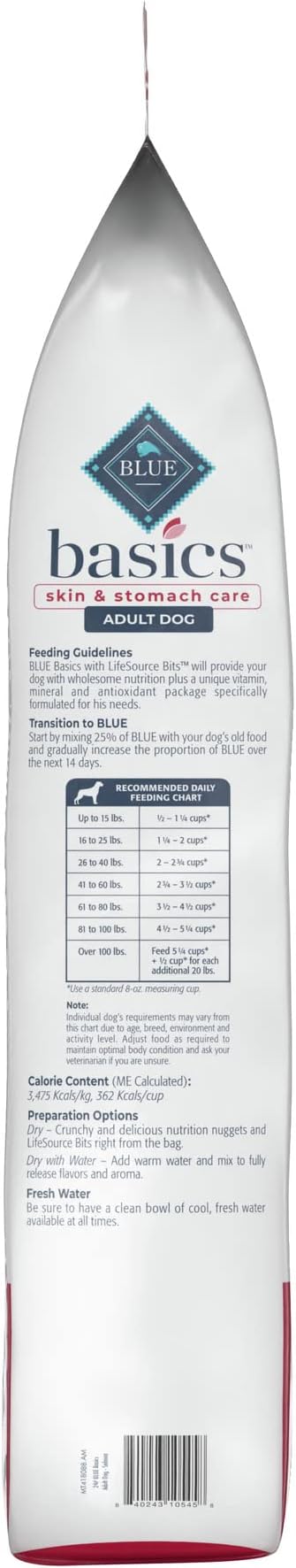 Blue Buffalo Basics Adult Dry Dog Food, Skin & Stomach Care, Limited Ingredient Diet for Dogs, Salmon Recipe, 24-lb. Bag