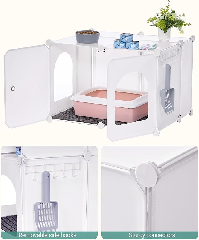 Cat Litter Box Enclosure with Hooks, Plastic Covered Little Box with Mat, Splash Proof Litter Box Furniture, 23.7 x 18.5 x 16.1 inches, End Table for Living Room, White CB81899WT