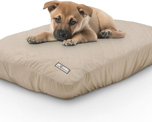 Paw Inspired Waterproof Fitted Cover for Dog Bed | Washable Bed Protector for Dog Mattress | Removable Replacement Cover Ideal for 36-Inch Pet Bed (Beige)