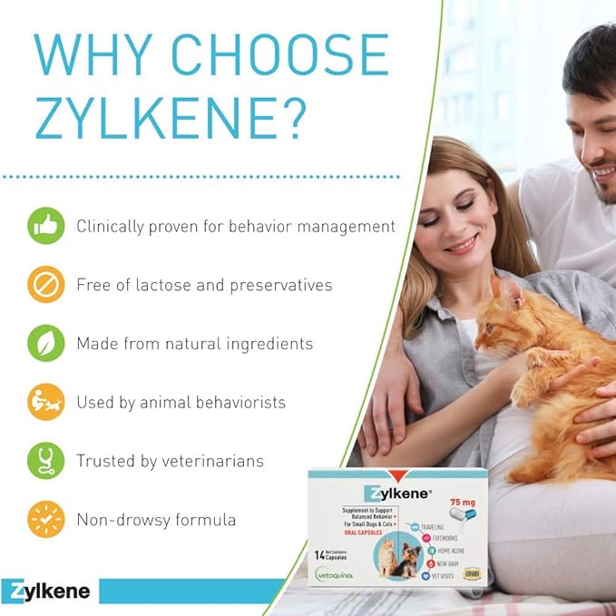 Vetoquinol Zylkene Calming Support Supplement for Small Dogs and Cats, Helps Promote Relaxation and Reduce External Stress Factors, Daily Behavioral Support and Anxiety Relief for Dogs and Cats, 75mg