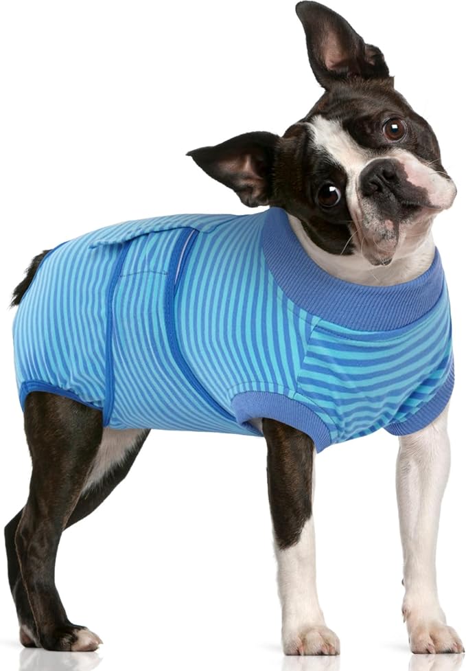 FUAMEY Recovery Suit for Dogs After Surgery,Soft Breathable Dog Bodysuit E-Collar & Cone Alternative Surgical Suit,Male Female Dog Neuter Spay Suits Anti Licking Wounds Onesie Navy Blue Strips M