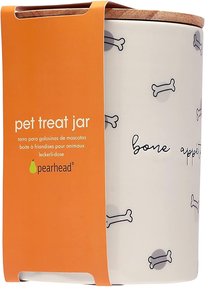 Pearhead Bone Appetite Treat Jar, Ceramic and Wood Pet Treat Canister, Modern Neutral Color Home Kitchen Accessories, Dishwasher Safe, Silicone Seal Lid For Freshness, Dog Biscuit Storage