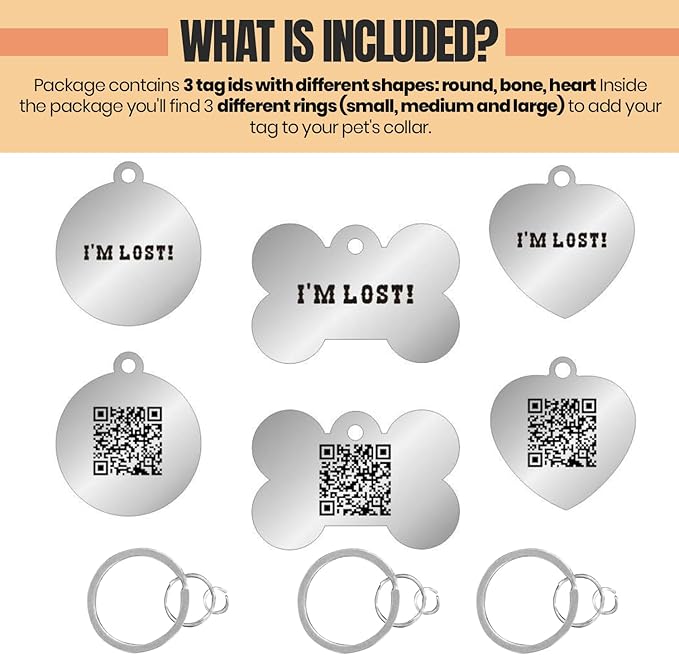 Pet ID Tags with QR Code for Dog & Cat - 3-Pack ID Tag for Cats & Dogs with Easy Setup - Bone, Heart & Round Shapes, for Collar, Medium Small Name Tag, Customizable Personalized