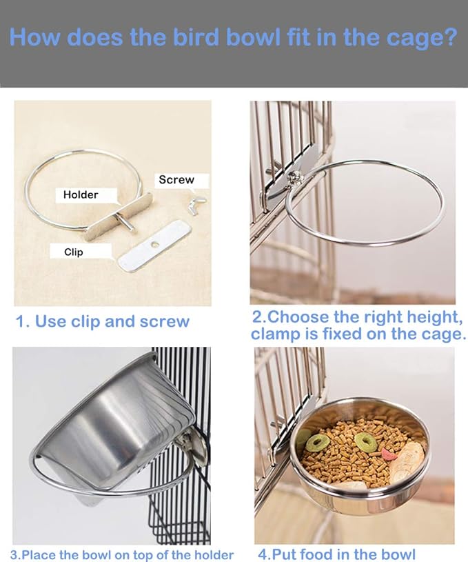 HERCOCCI Bird Feeder Dish Cup, Stainless Steel Parrot Food Bowl Feeding Coop Cups Clamp Holder, Bird Water Cage Bowl for Parakeet Lovebird Conure Cockatiel Budgie Chinchilla (4 Pieces)