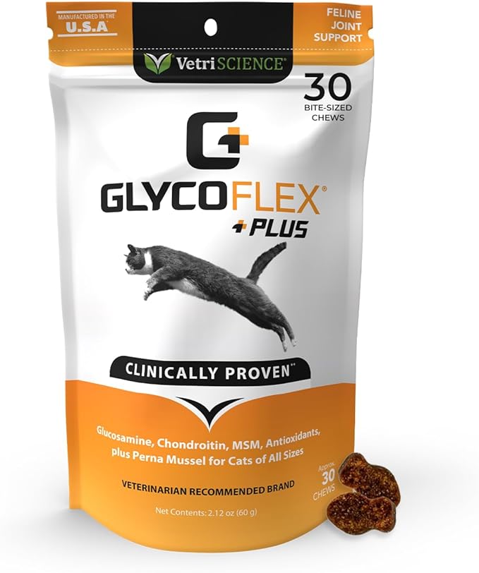 VetriScience GlycoFlex Plus, Clinically Proven Joint Support Cat Supplements - Joint Health Supplement with Glucosamine, Chondroitin, MSM, and DMG - 30 Chews, Fish Flavor