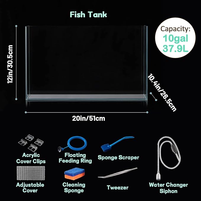 10 Gallon Ultra Clear Glass Fish Tank, Rimless Low Iron Aquarium for Betta/Nano/Goldfish/Snail/Shrimp, Big Fish Tank & Cover Set & Feeding Ring & Cleaning Tools