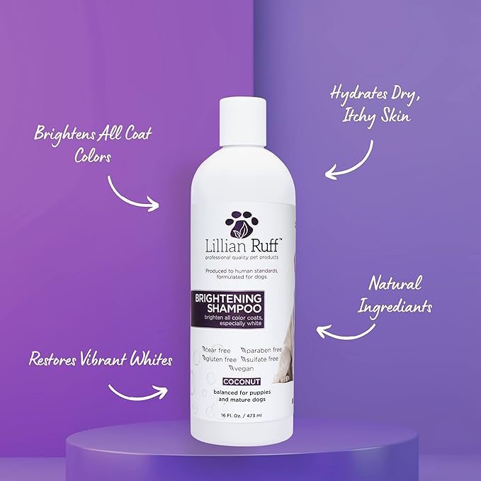 Lillian Ruff Ultra-Brightening Professional Whitening Shampoo for Dogs with Aloe & Coconut Oil for Dry Skin & Itch Relief - pH-Balanced Dog Whitening Shampoo Remove Stains Yellowing Odor (16oz/Brush)