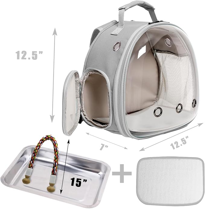 Bird Carrier Cage, Bird Travel Backpack Carrier with Stainless Steel Tray and Standing Perch (Grey, Medium)