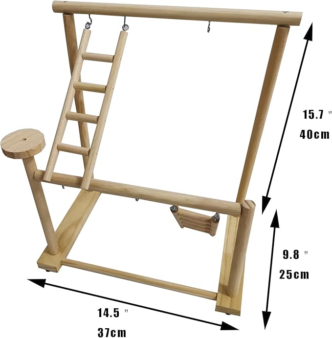 Parrots Playground, Bird Play Gym Wood Perch Stand Colours Revolving Climb Ladders Swing Chewing Toys with Parakeet Feeding Cups Exercise Activity Center for Conure Cockatiel Lovebirds(Include a Tray)