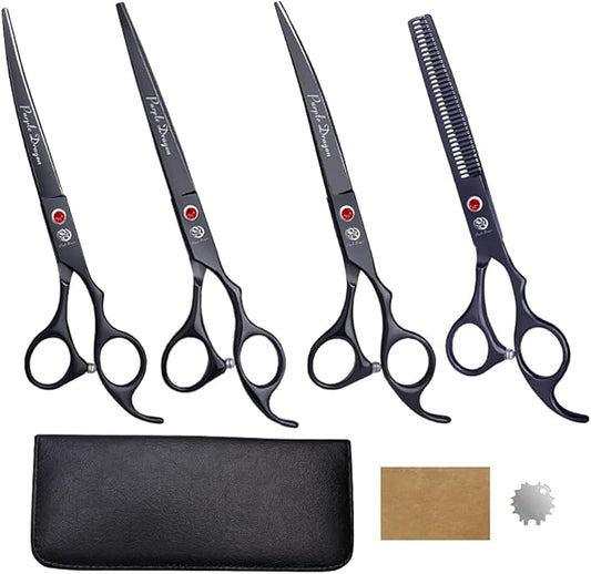 Purple Dragon Professional 7.0 inch 4PCS Pet Grooming Scissor Kit Japan Premium Steel Straight & Curved & Thinning Blade Dog Hair Cutting Shears Set with Case