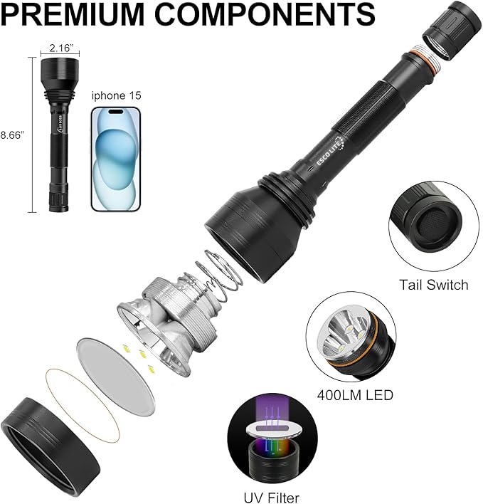 ESCOLITE 365nm Black Light UV Flashlight, 3-LED Ultraviolet Blacklight Flashlight Pet Urine Detector for Rock Hunting Resin Curing, Minerals, Scorpion and Pet Urine(Batteries and Charger are Included)