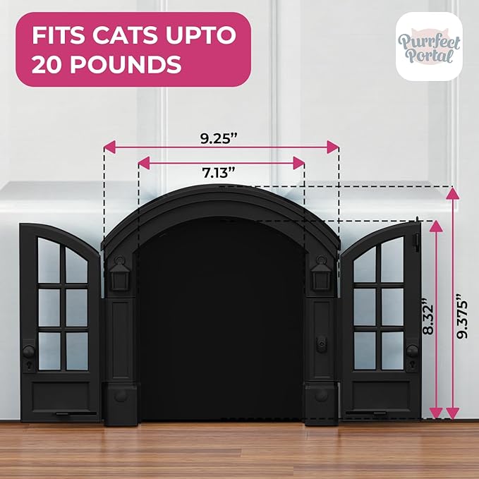 Purrfect Portal French Cat Door - Stylish No-Flap Cat Door Interior Door for Average-Sized Cats Up to 20 lbs, Easy DIY Setup, Secured Installation in Minutes, No Training Needed, 7.13 x 8.32”