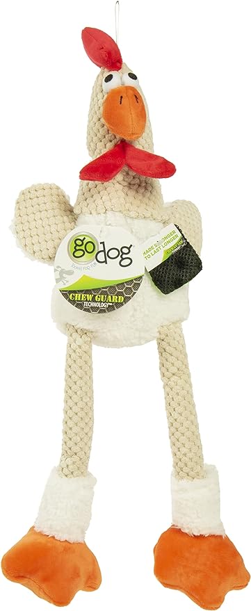 goDog Checkers Skinny Rooster Squeaky Plush Dog Toy, Chew Guard Technology - White, Large