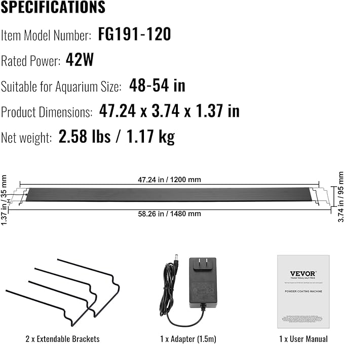 VEVOR Aquarium Light with LCD Monitor, 42W Full Spectrum Fish Tank Light with 24/7 Natural Mode, Adjustable Brightness & Timer - Aluminum Alloy Shell Extendable Brackets for 48"-54" Freshwater Tank