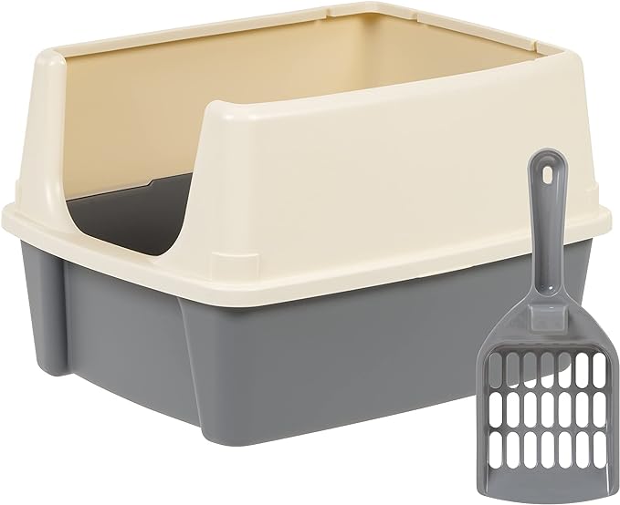 Amazon Basics Tall Open Top Cat Litter Box with High Sides and Scoop, 19 x 15 x 11.75 inches, Grey/Beige