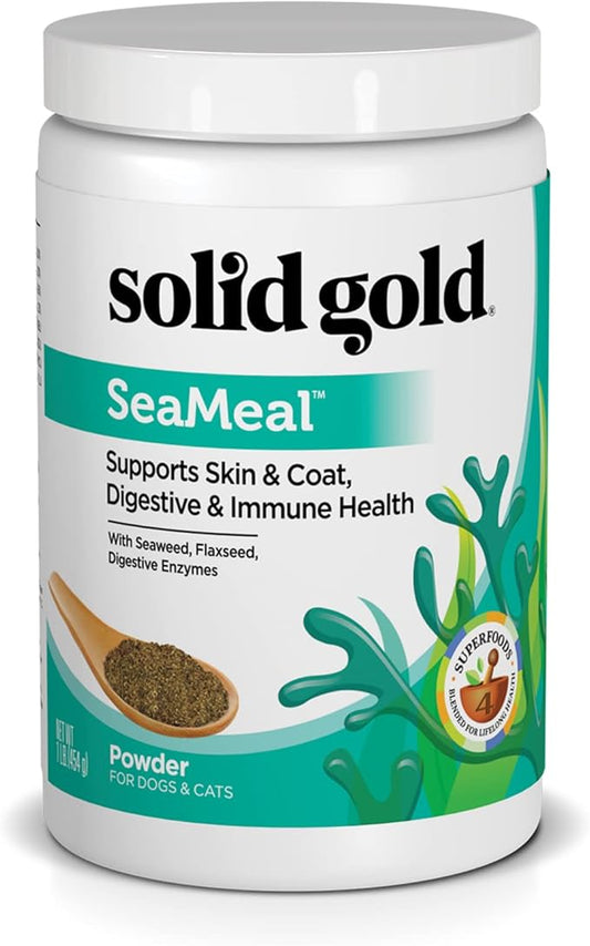 Solid Gold SeaMeal Cat & Dog Food Topper - Kelp Powder Dog & Cat Multivitamin - Omega 3 & Digestive Enzymes for Skin & Coat, Gut + Immune Support - 1 LB