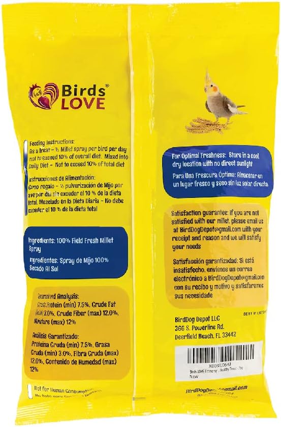 Birds LOVE Economy & Thin Special Spray Millet GMO-Free (No Stems Only Edible Tops) for Birds Cockatiel Lovebird Parakeet Finch Canary All Parrots Healthy Treat - 7oz