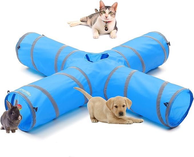 4 Way CAT Toy Tunnels - 47" x 47" x 10" Large Cat Tubes and Tunnels - Pop Up Design (Blue)