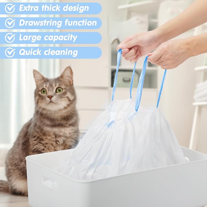 Thenshop 60 Count Litter Box Liners 36'' x 18'' Jumbo Cat Pan bags Drawstring Cat Supplies Extra Large Disposable Cat Litter Bags Cat Box Liners for Trash Waste Litter Box Tidy (Light Blue)