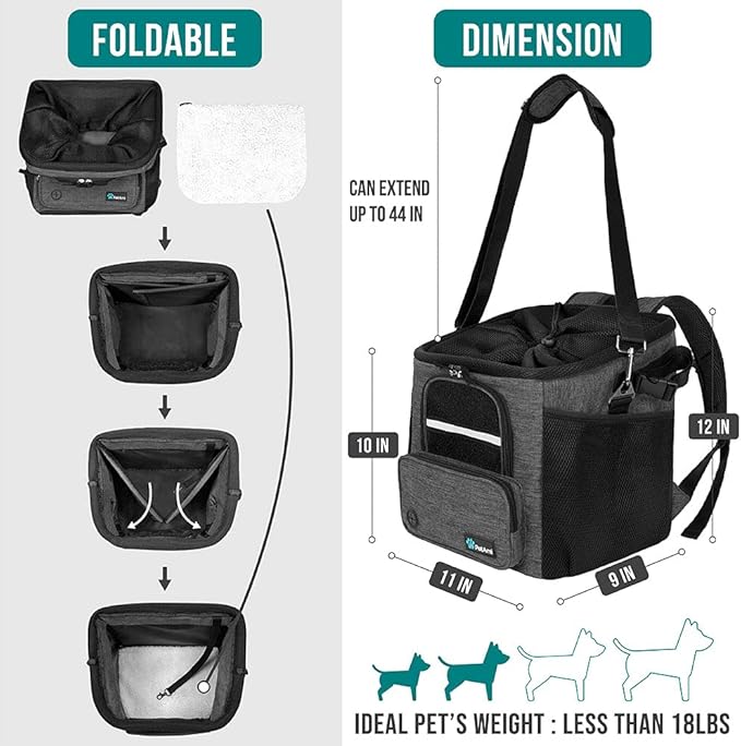 PetAmi Dog Bike Basket, Soft-sided Ventilated Dog Bike Carrier Backpack, Dog Pet Bicycle Basket for Bike Handlebar, Small Medium Puppy Cat Kitten Car Booster Seat with Safety Strap (Dark Gray)