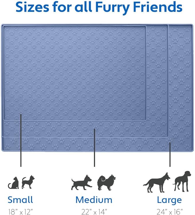 MIGHTY MONKEY 100% Waterproof Dog Food Mat, Raised Edges Silicone Pet Feeding Placemat for Cat, Dogs, Pet Bowls, High Lipped Tray Prevents Water Spills, Food on Floor, Dishwasher Safe, 18x12, Lt Blue