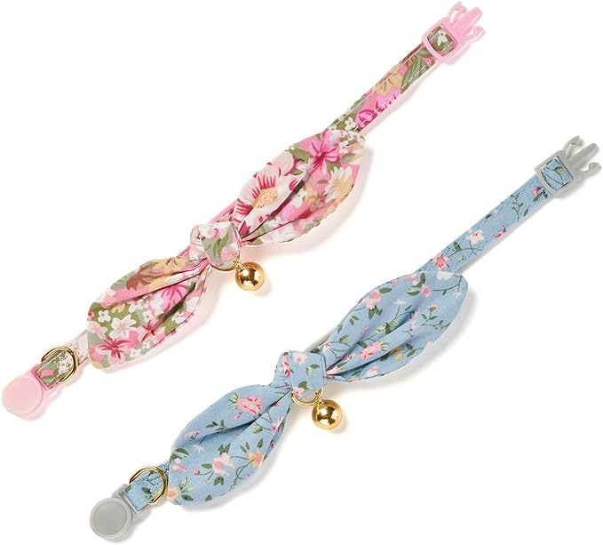 Cotton Bowtie Cat Collar with Bell 2 Pack Stylish Floral Breakaway Kitten Collars with Removeable Knot Bow,Blue & Pink