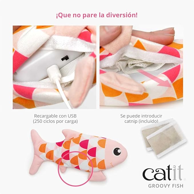 Catit Groovy Fish Interactive Cat Toy with Catnip, Pink (Pack of 4)