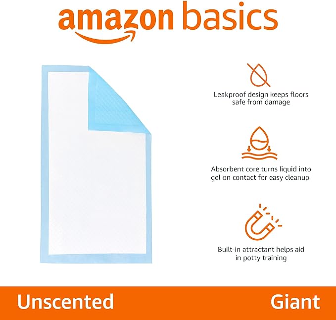 Amazon Basics Dog and Puppy Pee Pads with 5-Layer Leak-Proof Design and Quick-Dry Surface for Potty Training, Standard Absorbency, Giant, 27.5 x 44 Inch, Pack of 40, Blue & White