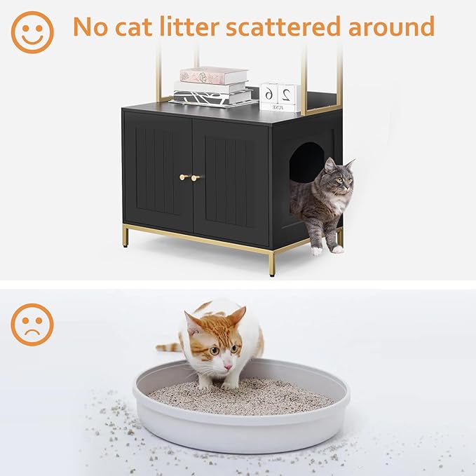 Cat Litter Box Enclosure,Litter Box Furniture Hidden with 2-Tier Storage Shelves,Wooden Cat Washroom Furniture with Metal Frame,Cat House,Modern style, Black and Gold