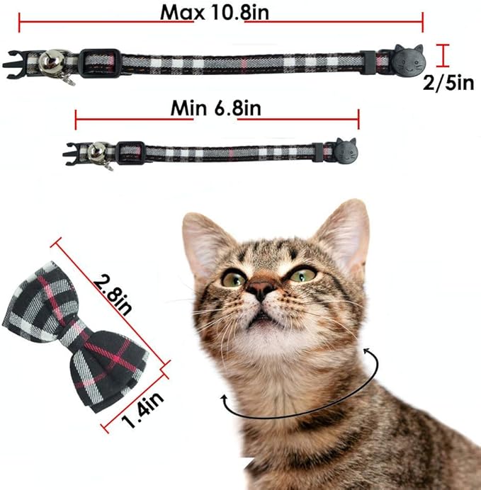 Cat Collar Breakaway with Bell and Bow Tie, Plaid Design Adjustable Safety Kitty Kitten Collars(6.8-10.8in) (Black Plaid 2)