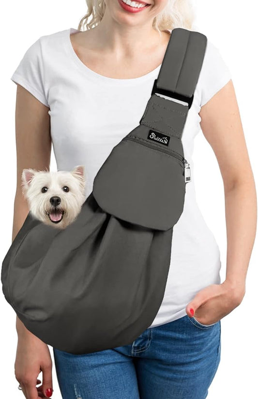 SlowTon Dog Carrier Sling - Thick Padded Adjustable Shoulder Strap Dog Carriers for Small Dogs, Puppy Carrier Purse for Pet Cat with Front Zipper Pocket Safety Belt Machine Washable (Grey M)