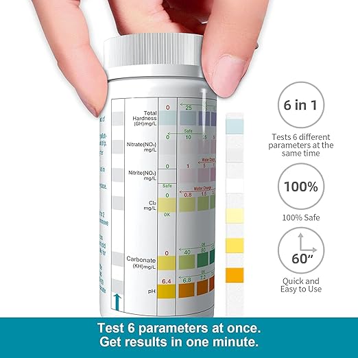 RUNBO Aquarium Test Strips 6 in1 for Fresh/Salt Water Fish Tank Aquarium, 100 Count Easy and Accurate Test Nitrate, Nitrite, General Hardness, Free Chlorine, Carbonate, Ph
