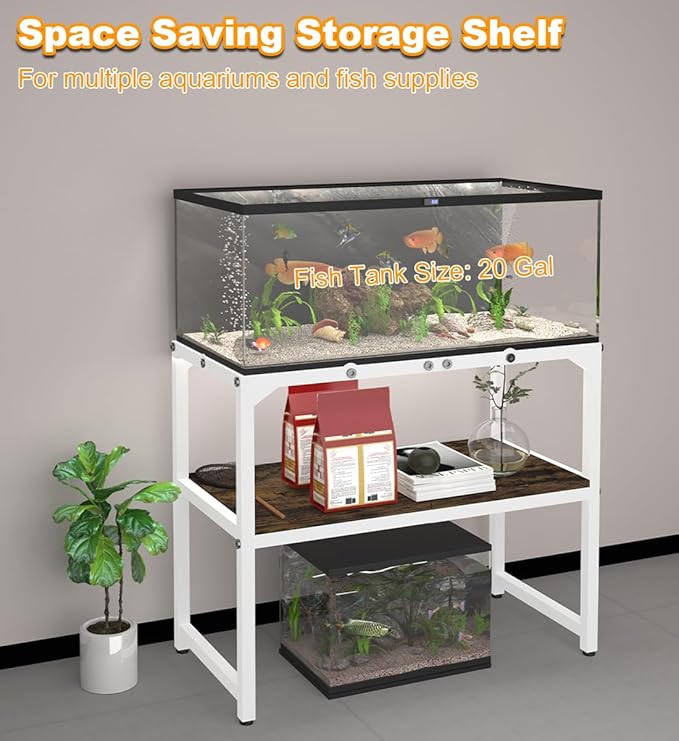 20 Gallon Fish Tank Stand with Shelf for Accessories Storage, 2 Tiers Heavy Duty Metal Aquarium Stand, Breeder Tank Turtle Reptile Terrariums Stand Rack for Home Office, 24" L x 12" W, White