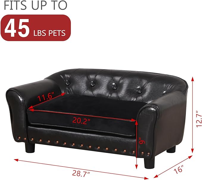 Dog Sofa and Chair/Luxury PU Leather Pet Sofa Chair/with Copper Nail Dog Couch/Wooden Frame Cat Sofa Chair/Dog Sofa Bed with Suede Cushion for Small Dog Using(Black)