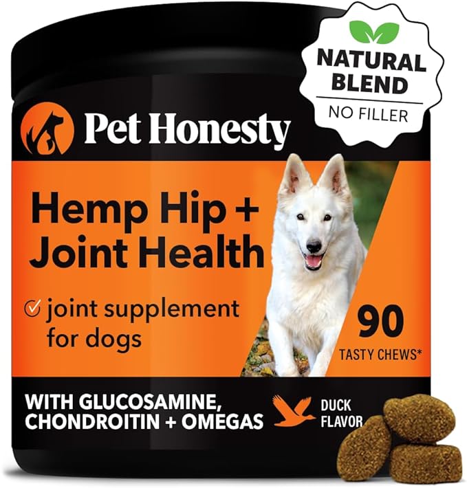 Pet Honesty Hemp Hip & Joint Supplement for Dogs - Hemp Oil & Hemp Powder - Glucosamine Chondroitin for Dogs, Turmeric, MSM, Green-Lipped Mussel, Supports Mobility, May Reduce Discomfort (Duck)