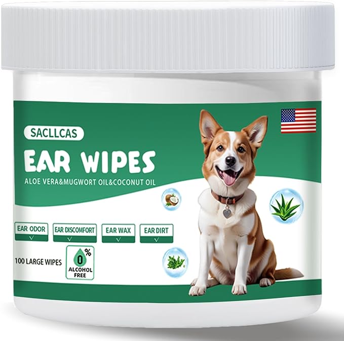 Ear Wipes for Dogs,Otic Cleanser for Dirty, Waxy, Smelly Ears - Large and Premium Strength Pet Ear Cleaner Wipes with Natural Aloe and Mugwort,Dog Ear Cleaning Wipe-100 Count