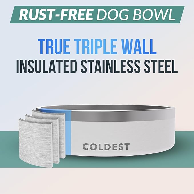 Coldest Dog Bowl - Anti Rust Metal & Non Slip Dog Bowls Large, Spill Proof Heavy Duty 3 Layers Insulated Dog Bowl - Food and Water Bowl for Dogs, Cats & Pets, Dishwasher Safe (42 oz, Epic White)