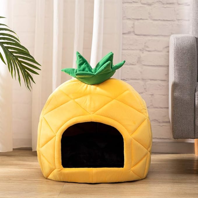 PAPITLULU Pineapple Pet Bed, Warm Cave Nest Sleeping Bed Puppy House for Cats and Small Dogs, Black