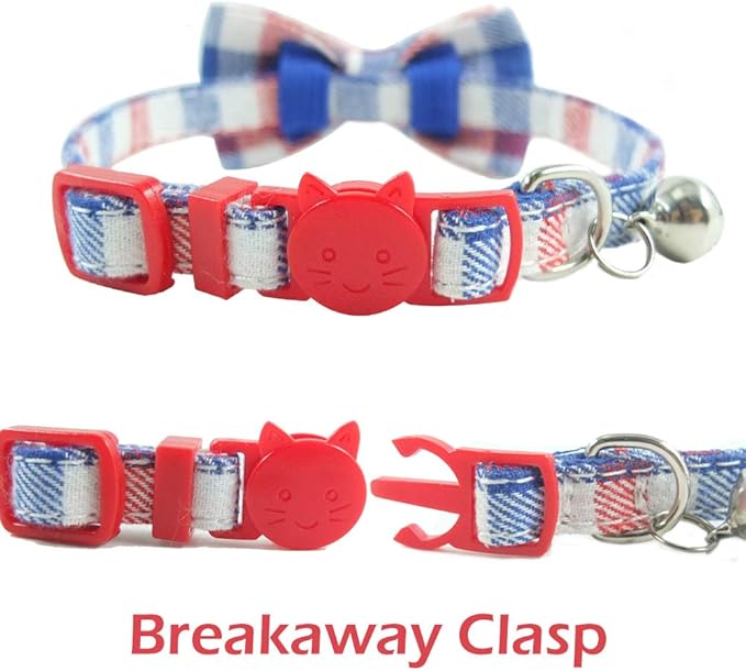 Cat Collar Breakaway with Bell and Bow Tie, Plaid Design Adjustable Safety Kitty Kitten Collars(6.8-10.8in) (Red/White/Blue)