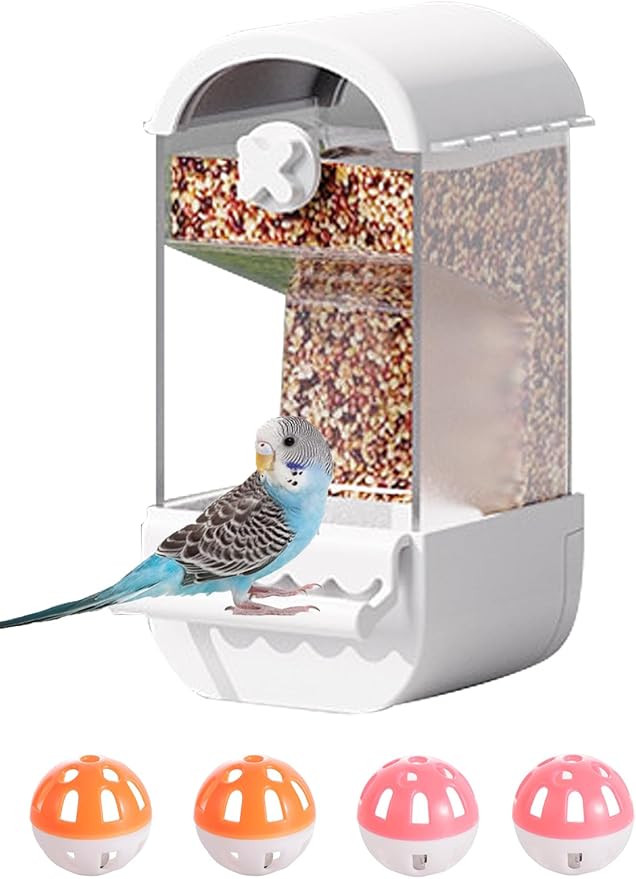 Automatic Bird Feeder for Cage 5Pcs No Mess Parrot Feeder Transparent Acrylic Seed Food Container Cage Accessories with Ball Toy for Small and Medium Parakeets Lovebirds (White)