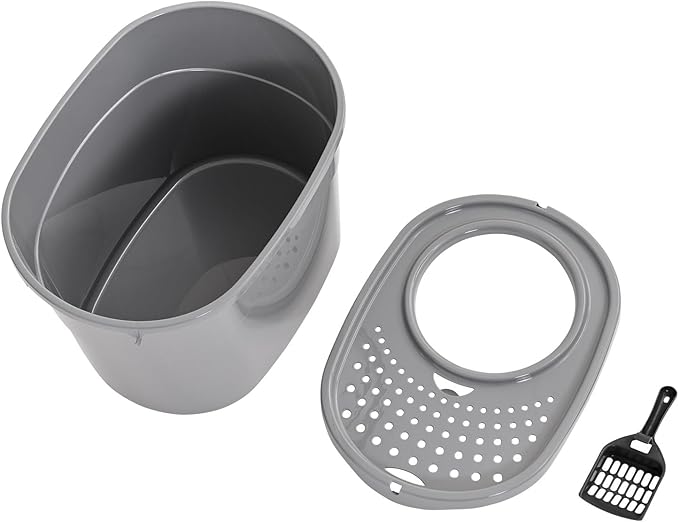 Amazon Basics Top Entry Cat Litter Box and Black Scoop, Oval, Grey, 20.5 x 14.75 x 14.38 inches