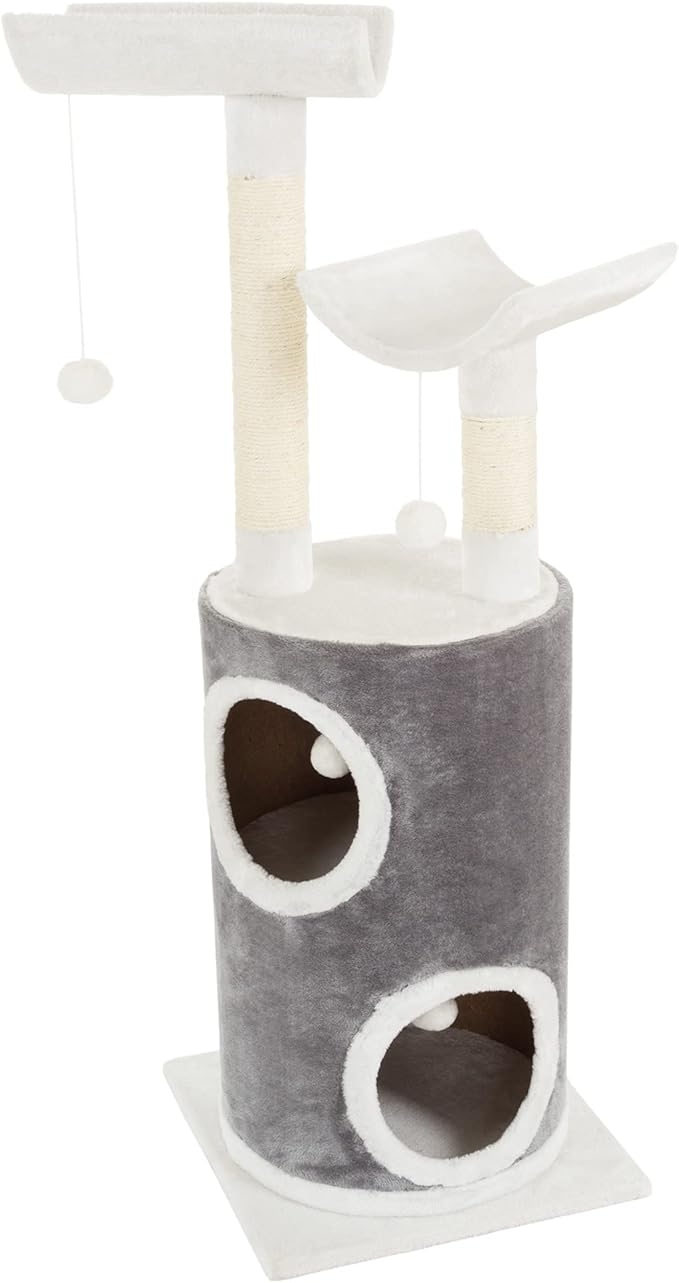 45in Cat Tree with Napping Perches, 2 Story Cat Condo, Cat Scratching Posts, and Hanging Toys - Cat Tower for Indoor Cats by PETMAKER (Gray)