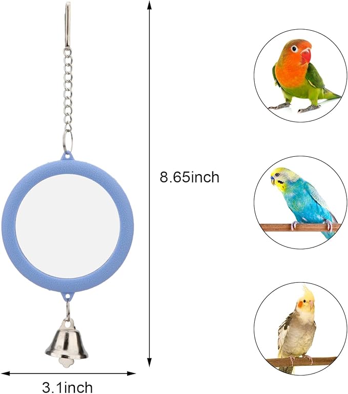 Pet Bird Mirror with Bell Interactive Parrot Toy Bird Cage Mirror for Cockatiel Parakeets Canaries Budgie (BLUE)