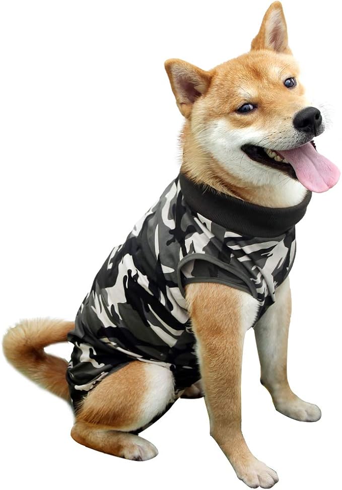 Dog Recovery Suit Abdominal Wound Puppy Surgical Clothes Post-Operative Vest Pet After Surgery Wear Substitute E-Collar & Cone(L, Camouflage)