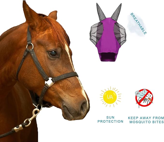Upgrade Uv Horse Fly Mask with Ears - Equine Sunscreen Lycra Quiet Ride Elasticity Fly Mask with Ear Protection (Purple)