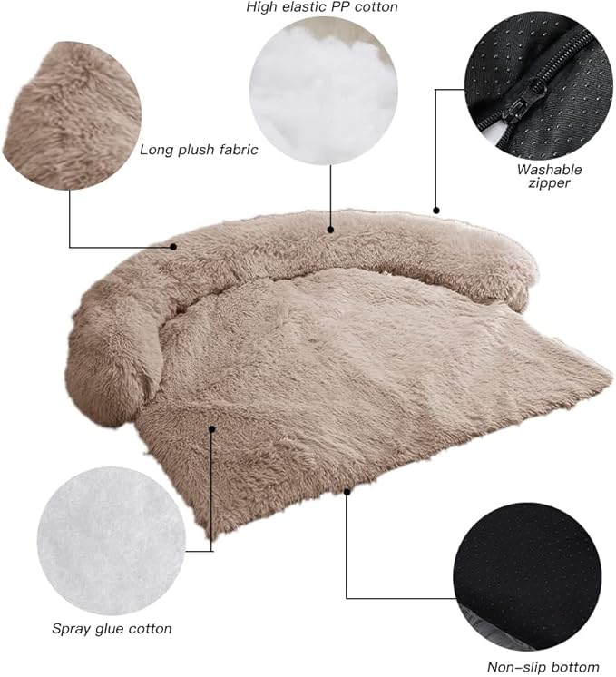 Calming Dog Bed Fluffy Plush Dog Mat for Furniture Protector with Removable Washable Cover for Large Medium Small Dogs and Cats (Medium(41x37x6), Light Brown)