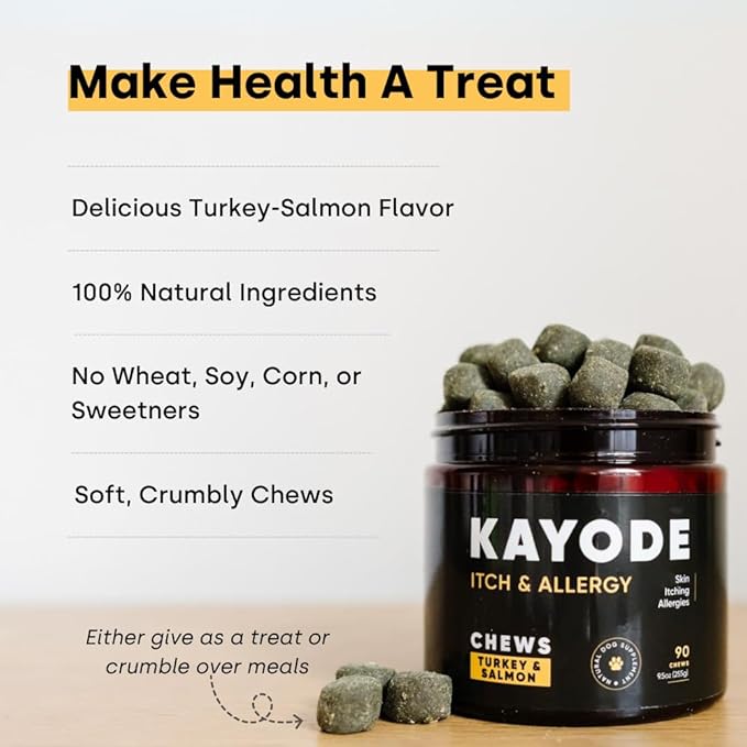Kayode Itch & Allergy Chews - Natural Allergy Relief for Dogs. Premium Colostrum for Dogs, Bee Pollen for Dog Allergies. Alaskan Salmon Oil. Natural Itch Relief for Dogs. 90 Dog Allergy Chews.